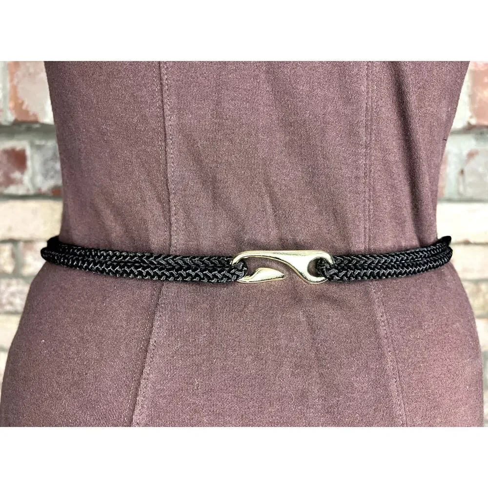 rope chord belt black gold faux pearls boho vintage 1980s